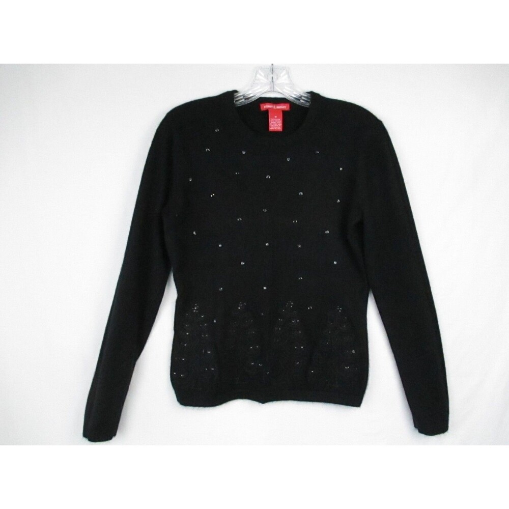 Merry Bright Womens Sweater Medium Black Sequin Tree Angora Lambs Wool